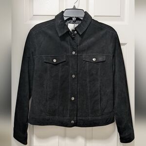 NWT Mango Black Suede Trucker Leather Jacket Size Medium M Pockets Snap
